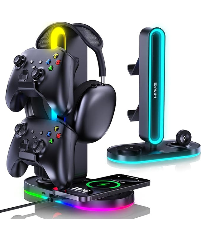 HiWe Universal RGB Gaming Headphone Stand with 2 Controller Holder, Wireless Charger for iPhone/iWatch, Solid ABS, Non-Slip Base, with USB-A & USB-C Outputs, Adatper Included, Black