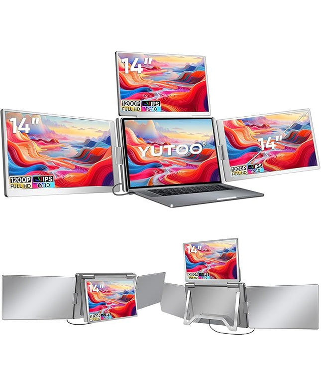 YUTOO 4 Screen Laptop Monitor Extender | for M1 M2 M3 | 1200P FHD IPS 4 Screen Monitor for Laptops 12~18 inch | Quad Screen Extender Display for MacBook/Windows/Switch/PS5 | One Cable | Driver Need
