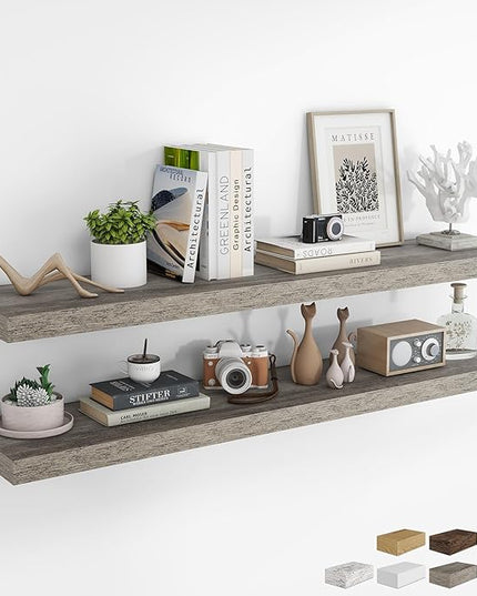 RICHFOCUS 55Inch Floating Shelves for Wall 2 Pack Shelves for Bedroom|Kitchen|Bathroom Wall Mounted Rustic Wood Floating Shelf with Invisible Brackets for Books|Storage|Decor, Grey