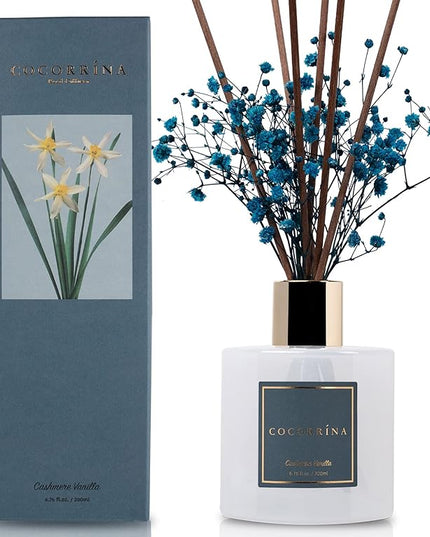 Cocorrína Premium Reed Diffuser Set with Preserved Baby's Breath, Cashmere Vanilla | 6.7 fl oz Reed Diffuser for Bedroom Bathroom Home Décor