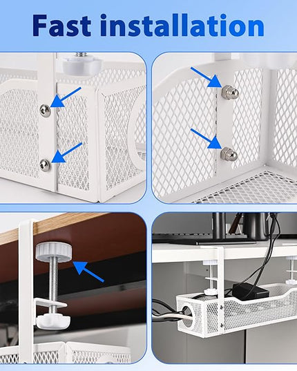 Under Desk Cable Management Tray Small – Clamp-Mounted Wire Organizer & Cord Management Under Desk Holder, No-Drill Metal Cable Tray for Home Office (White)