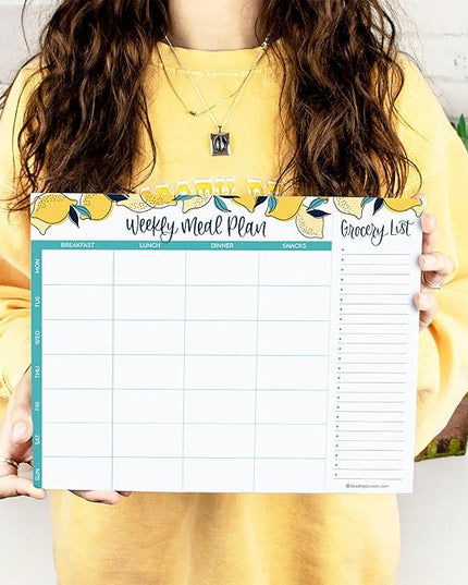 bloom daily planners Horizontal Weekly Magnetic Meal Planning Pad for Fridge with Tear-Off Grocery Shopping List - Hanging Food/Menu Organizer Notepad with Magnets - 8.5” x 11” - Lemons