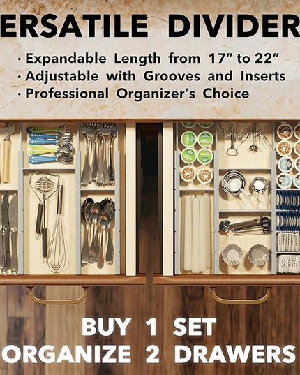 SpaceAid Bamboo Drawer Dividers with Inserts and Labels, Kitchen Adjustable Drawer Organizers, Expandable Organization for Home, Office, Dressers, 7 Dividers with 15 Inserts (17"-22" Gray)