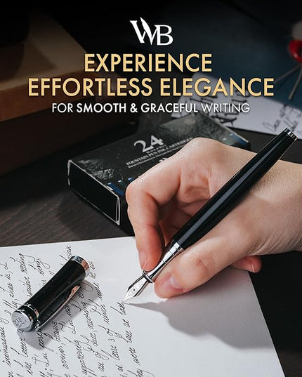 Wordsworth & Black Fountain Pen Set, Medium Nib, Includes 24 Ink Cartridges and Ink Refill Converter, Gift Case, Journaling, Calligraphy, Smooth Writing Pens [Black Chrome], Perfect for Men and Women