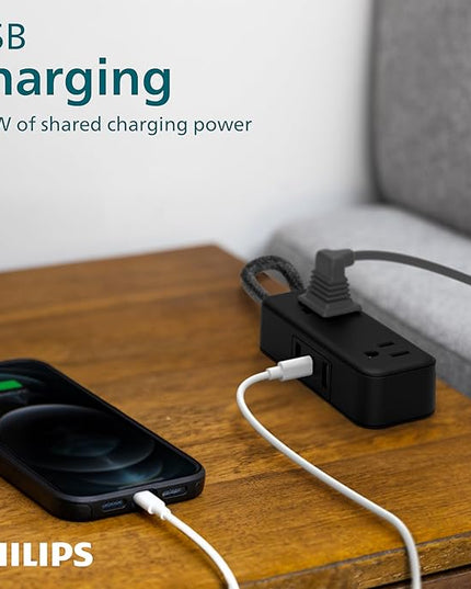 Philips 2-Outlet Extension Cord, 1 USB-C, 2 Type-A Ports, Braided Extension Cord with Multiple Outlets, Flat Plug Power Strip, Power Strip with USB Ports, ETL Listed, Black, SPS3564B/37