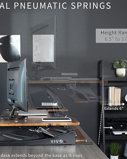 VIVO 36 inch Height Adjustable Stand Up Desk Converter, V Series, Quick Sit to Stand Tabletop Dual Monitor Riser Workstation, Rustic Vintage Brown Top, Black Frame, DESK-V000VN