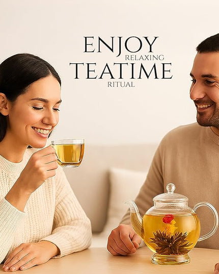 Tea Bunch Blooming Flower Tea Set – 12x2 Hand-Tied Organic Green Tea Balls with 24 Packs of Rock Sugar, Gift-Ready Packaging, Calming Floral Tea for Wellness & Relaxation (Glass Teapot Not Included)