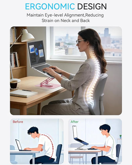 SOUNDANCE Laptop Stand with 360° Rotating Base, Ergonomic Computer Riser for Desk, Adjutable Height Muti-Angle, Foldable Laptop Mount, Stable Metal Holder Support 10-15.6" Notebook PC, Pink