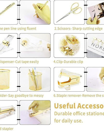 Gold Desk Accessories, Office Supplies Set with Acrylic Stapler, Tape Dispenser, Staple Remover, Pen Holder, Scissor, Binder Paper Clips, 1 Ballpoint Pen, 1 Clear Tape and 1000pcs Staples