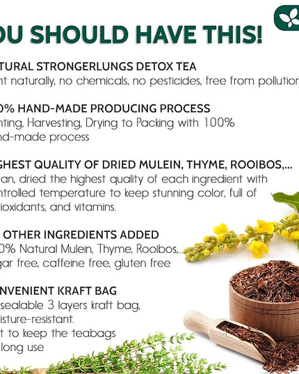 FreshDrinkUS StrongerLungs 20 Tea Bags - Mullein Leaf, Ginseng, Elderberry, Ginger & Thyme - Supports Lung Cleanse, Congestion Relief & Mucus Detox - Caffeine-Free & All-Natural