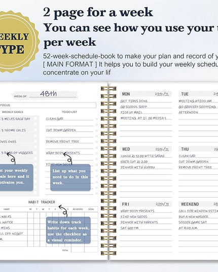 Undated Weekly Planner- Weekly Goals Notebook, A5 To Do List Planner, Habit Tracker Journal with Spiral Binding（Flower-2）