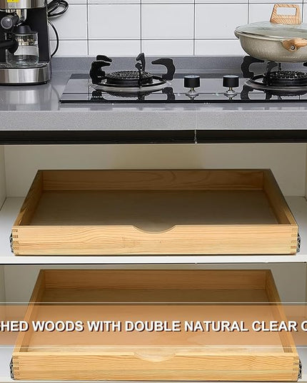 Menkxi 2 Set Pull out Tray Cabinet Organizer Wooden Pull Drawers storage Slide out Pantry Shelf for Base Cabinet Kitchen Gentle Close Fully Assembled Accessories (Wood Color,30'' X 21'' X 3")
