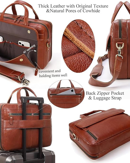 Masa Kawa Leather Briefcase for Men 15.6", 17" Laptop Computer Case Business Travel Work Messenger Cross Body Shoulder Bag