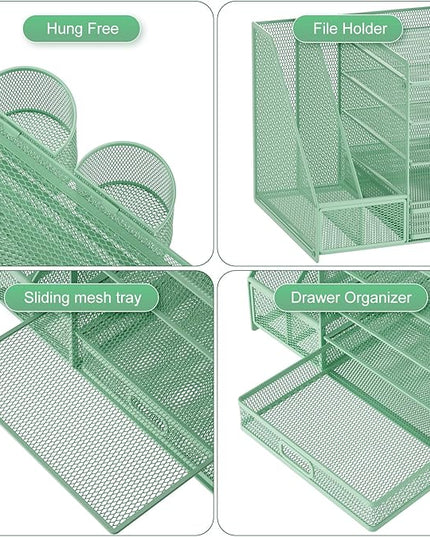 Marbrasse Desk Organizer with File Holder, 5-Tier Paper Letter Tray Organizer with Drawer and 2 Pen Holder, Mesh Desktop Organizer and Storage with Magazine Holder for Office Supplies (Green)