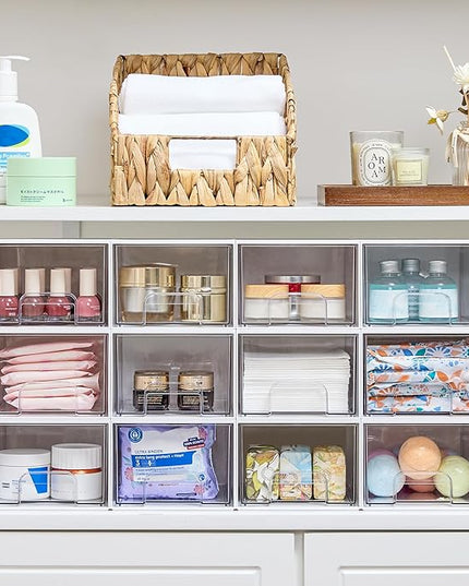 Vtopmart 4Pack Small Stackable Storage Drawers, Bathroom Makeup Organizer,Plastic Storage Bins For Vanity, Undersink, Kitchen Cabinets, Pantry, Home Organization(White)