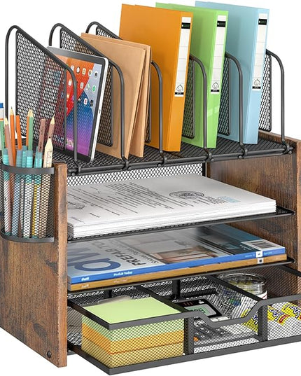 4-Tier Mesh Desk Organizer, Wooden Desk File Organizer with 5 Vertical File Holders and 2 Pen Holders, Desktop Organizers and Accessories with Drawer for Home Office