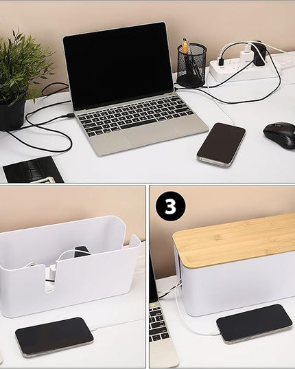 ZhiYo Bamboo Lid Cord Organizer Box, Safe ABS Cable Management Box for TV and Computer, Wood Cover Cord Hider to Hide Wires, Router, USB Hub & Under Desk Power Strip, 1 Pack L13.1 xW5.6 xH5.6 Black