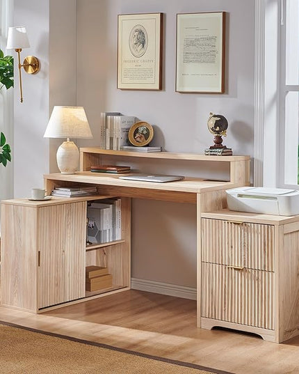 JXQTLINGMU 67" Modern L Shaped Desk with Storage Cabinet & Drawers, Wood Home Office Desk with Power Outlets, Fluted Computer Writing Desk, Natural Oak