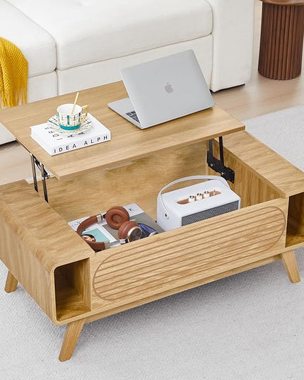 Small Lift Top Coffee Table with Hidden Compartment, Mid Century Modern Curved Coffee Table with Storage Shelf, Wooden Rectangle Center Table with Lift Tabletop for Living Room, Office (Natural)