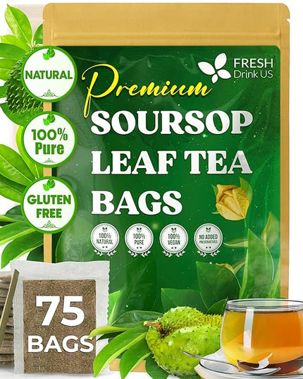 FreshDrinkUS, Premium 75 Soursop Graviola Leaf Tea Bags, 100% Natural and Pure from Soursop Leaves, Handmade, Made With Natural Materials-Corn Fiber Tea Bag, Sugar/ Caffeine/ Gluten Free, Hoja Guanabana Tea