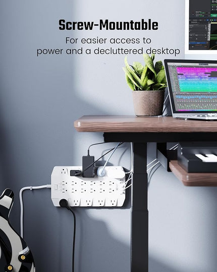 Power Strip, SUPERDANNY Surge Protector with 22 Outlets, 2 USB-C and 4 USB-A, 2100J, 6.5Ft Flat Plug Heavy Duty Extension Cord (1875W/15A), Wall Mountable for Home, Office, Dorm, Gaming Room, White