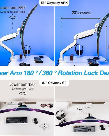 AVLT Single 17"-57" Super Ultrawide Monitor Arm for Screens Up to 59.5 lbs, Premium Aluminum Desk Stand, Adjustable Pneumatic Height, Full Motion Swivel Tilt Rotation, USB-C & USB-A Ports, White