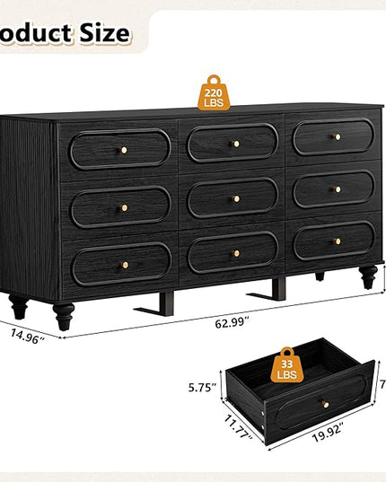 9 Drawer Fluted Dresser for Bedroom, Mid Century Modern Chest of Drawers, Wood Storage Small Dresser Organizer for Bedroom Living Room Hallway Closet, Black