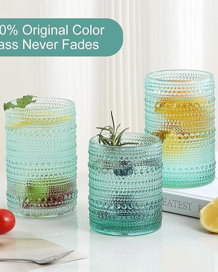 Vintage Glassware Drinking Glasses Set of 12,Light Blue 12oz & 15oz Hobnail Glass Cups,Embossed Water Tumbler,for Beer,Cocktail,Whiskey,Juice and Various Mixed Drinks- 1 Cleaning Brush