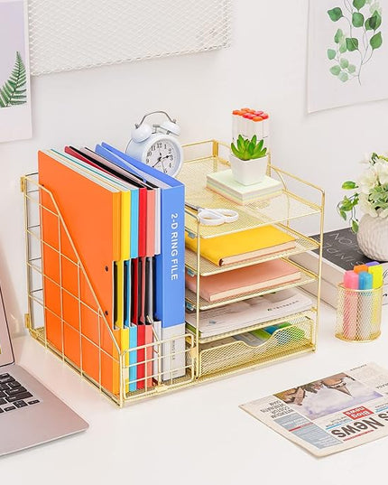 Marbrasse Rose Gold Desk Organizer with File Holder, 5-Tier Paper Letter Tray Organizer with Drawer and 2 Pen Holder, Mesh Desktop Organizer and Storage with Magazine Holder for Office Supplies
