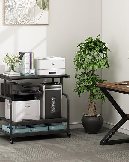 32.3" x 18.9" Extra Large Printer Stand Table with Adjustable Storage Shelf, 3 Tier Rolling Printer Cart with Industrial Wheels for Home Office, Black