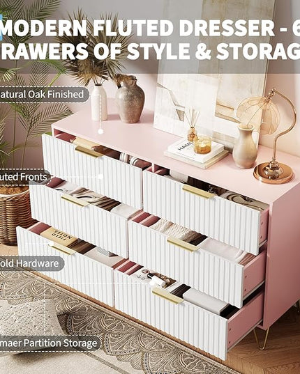 Garvee Fluted Dresser for Bedroom with 6 Drawers,47" Wide Modern Chest of Wooden Bedroom Chest with Metal Handle,Clothes Storage Organizer,Closet Dresser & TV Stand for Living Room,Hallway,6&Pink