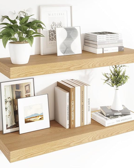 Heimlove 12 Inch Deep Floating Shelves, 48 x 12 inches Long Wall Shelf, Large Display Shelf & Storage Shelf, Rustic Wood Wall Shelves for Fireplace Mantel, Set of 2(Oak)