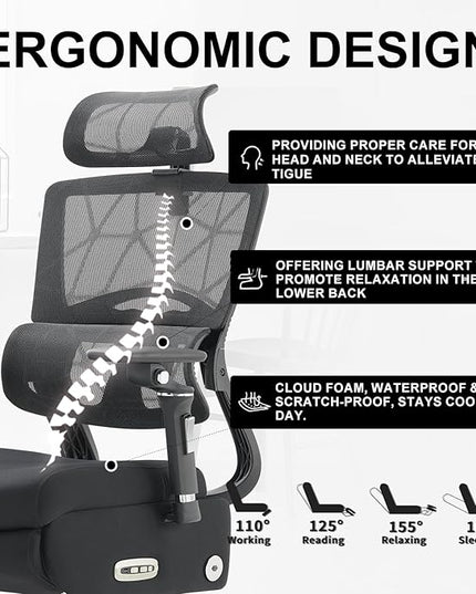 Dual-Motor Home Office Chair with Lumber Support, Reclining Mesh Chair with Footrest, 3D Headrest & 6D Armrests, Reclining Big and Tall 400LBS,Adjustable Back High (Modern, Black)