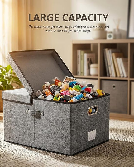 PRANDOM Storage Bins with Lids [3-Pack] Linen Fabric Foldable Storage Boxes Organizer Containers Baskets Cube with Cover Grey(23.4X15.9X11.4)