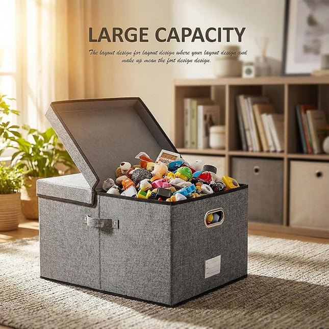 PRANDOM Storage Bins with Lids [3-Pack] Linen Fabric Foldable Storage Boxes Organizer Containers Baskets Cube with Cover Grey(23.4X15.9X11.4)