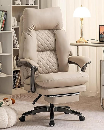 Henry Massage Office Chair with Heating Ventilation for Heavy Duty,Leather Recliner Executive Desk Chair (Beige)