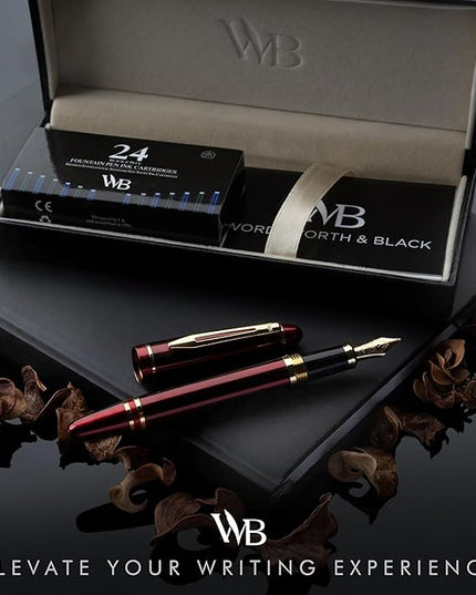 Wordsworth & Black Majesti Fountain Pen-(Red), Luxury Case, 24K Gold Finish; 18K Gilded Extra Fine Nib- Ink Cartridges, Refillable Ink Converter-Calligraphy Pen-Best Business Gift Set for Men & Women