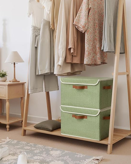 GRANNY SAYS Fabric Storage Bins with Lids, Decorative Storage Boxes with PU Handles, Keepsake Memory box, Shelf Baskets for Closet, Sage Green, Large, 2-Pack