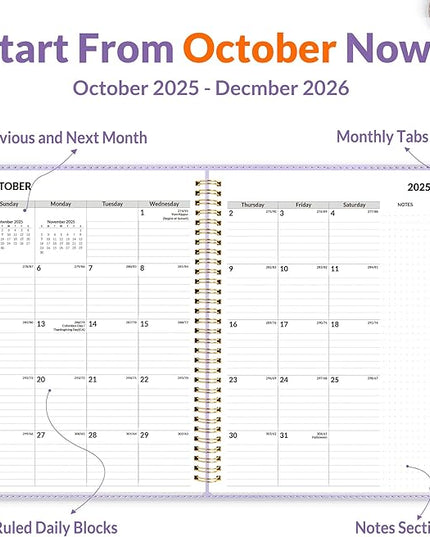 SUNEE 2026 Planner, Weekly and Monthly Calendar Planner 9"x11.2"- 12 Month (January 2026 - December 2026), Vegan Leather Cover, Pocket, Bookmark, Notes, Monthly Tab, Purple
