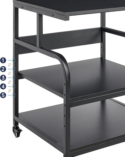25.6" x 23.6" Extra Large Printer Stand Table with Adjustable Storage Shelf, 3 Tier Rolling Printer Cart with Industrial Wheels for Home Office, Black