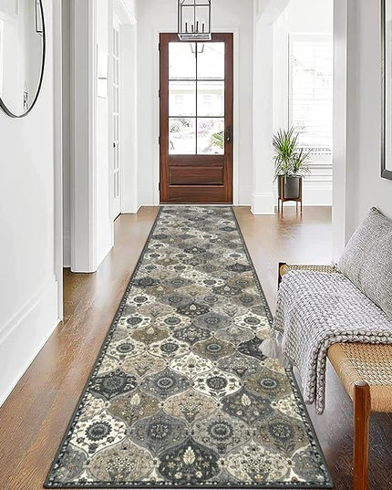Lahome Moroccan Washable Runner Rug Non Slip, 2x10 Runner Rugs for Hallway 2x10 Vintage Ultra-Thin Throw Long Carpet for Kitchen Entryway Bedroom Laundry Room, Grey