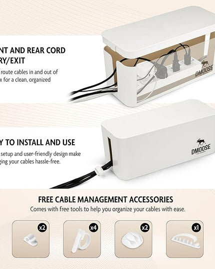 DMoose Cable Management Box - 2 Pack Medium & Large Cord Organizer for Desk & Floor - Cable Organizer Box for Child & Pet - Cable Box Hider for Tidy Office & Home, Power Strip Cover (White, Pack of 2)