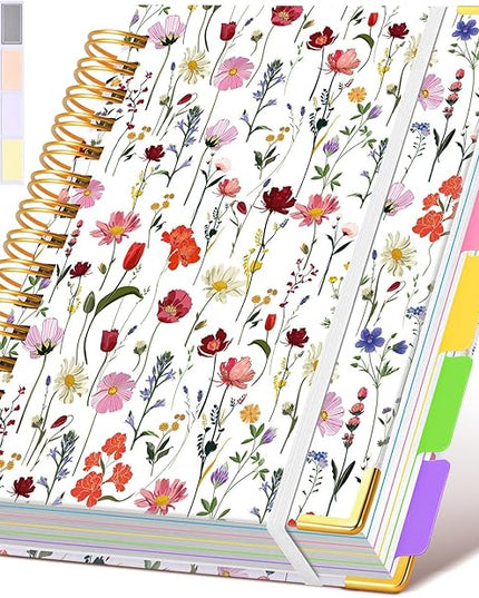 Hardcover Spiral Notebook journal with Removable Dividers Tabs, 300 Pages Leather 5 Subject Notebook College Ruled, 100GMS Notebooks for Work School Note taking,Lined Journal for Women,A5-Flower white