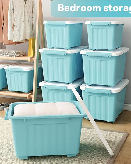 Nazhura 72 Quart Plastic Storage Bin, Stackable and Nestable Storage Boxes with Lids and Secure Latching Buckles, Large Storage Container (Blue, 72Quart-6Pack)