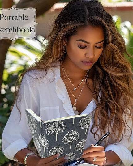 Linen Notebook, Hardcover Cloth Journal, B6, 264 Pages, 5x7 Small Lined Notebook & Sketchbook, Lay Flat, White Tree Navy Blue Fabric, Dirt-proof, Suitable for Outdoor Sketching