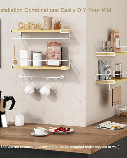 Forbena Floating Shelves for Wall with Rail, White and Natural Wood Nursery Book Shelves for Baby Girls Boys Kids Room Bedroom, Hanging Bookshelves Wall Mounted for Books, Toys, Bathroom (Set of 2)