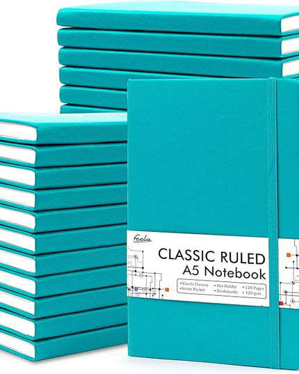 24 Pack Journal Notebook for Work, Feela Business Notebook Bulk Hardcover Lined Writing Journal with Pen Holder for Men Women Note Taking, with 24 Black Pens, 120 GSM, 5.1”x8.3”, A5, Emerald