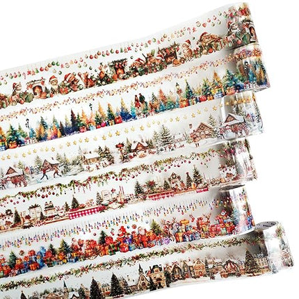 AuriicLeaf Christmas PET Tape Set - Seamless Loop Design with Snowy Villages, Festive Cats and Holiday Scenes, Includes Decorative Clip, Self-Adhesive Rolls for Scrapbook, Journal and DIY Decor