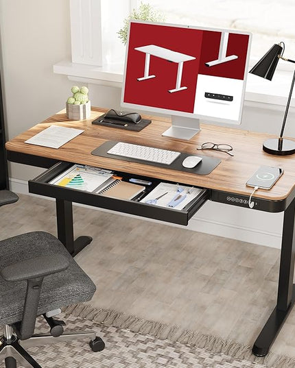 Standing Desk with Drawer, Electric Height Adjustable Home Office Desk with Storage & USB Ports, 48 inch Black Walnut Wood Tabletop/Black Frame