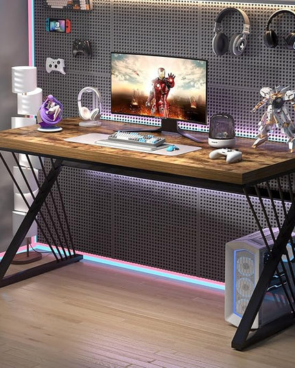 FOLUBAN Home Office Desk, Modern Wood and Metal Computer Desk, Simple Writing Work PC Desks for Bedroom, Industrial Study Gaming Table for Living Room, Rustic Brown, 53 Inch